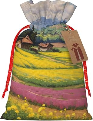 Gjgdbxdw Christmas Gift Bags with Rape Flower Field Print,Drawstring Gift Bag for Storing Candies and Snacks for Festivals Small