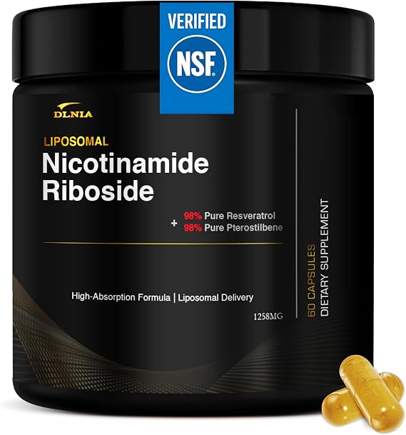 DLNIA Liposomal NAD+ Supplement & NMN Alternative | Nicotinamide Riboside (NR) 1258 mg with Resveratrol, Quercetin, Pterostilbene & CoQ10-12-Nutrient High-Absorption Cellular Energy & Healthy Aging