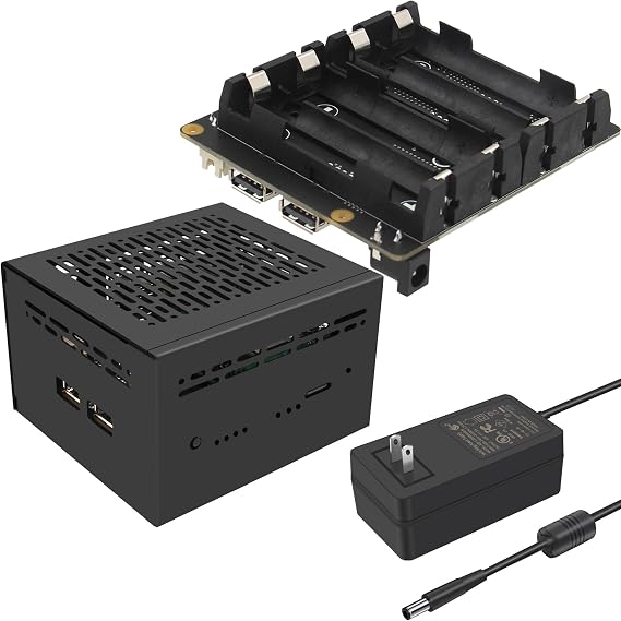 Geekworm X1202 4-Cell 5V UPS Shiled+X1202-C1 Metal Case+DC 12V 5A 60W Power Adapter for Raspberry Pi 5| Max 5.1V 5A Output|Wide 6-18V Input|Auto Power On|Safe Shutdown|Power Loss Detection