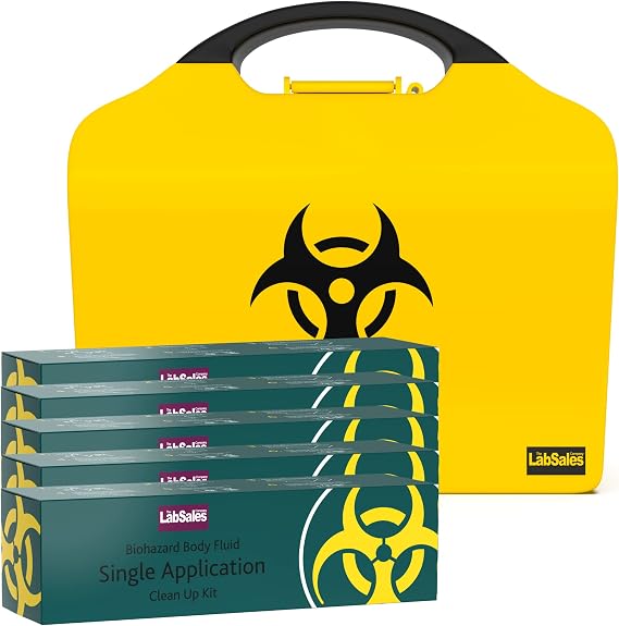 Labsales Wall Mountable Biohazard Spill Clean up kit, Body Fluid Emergency Kit for Vomit, Blood, Sick Urine and Mucus, Bright Stand Out Case Made from 100% Recycled Plastic, Case of 5 Kits