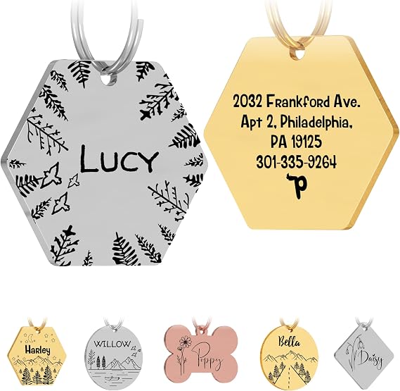 Dog Tags Personalized for Pets, Engraved Stainless ID Tag, Hexagon, Silver
