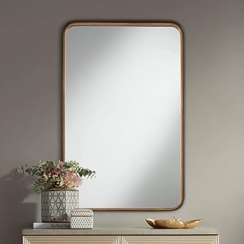 Uttermost Rounded Corner Rectangular Vanity Decorative Wall Mirror Modern Rustic Gold Black Iron Frame Beveled Edge 24" Wide for Bathroom Bedroom Living Room Home House Office Entryway