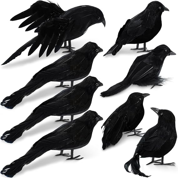 Meooeck 8 Pcs Halloween Black Feathered Crows Realistic Raven Yard Decor