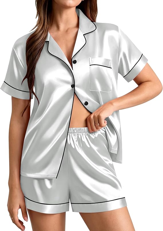 SWOMOG Womens Silk Satin Pajamas Set Short Sleeve Sleepwear Button Down Top and Shorts Loungewear 2 Piece Pjs Set XS-3XL