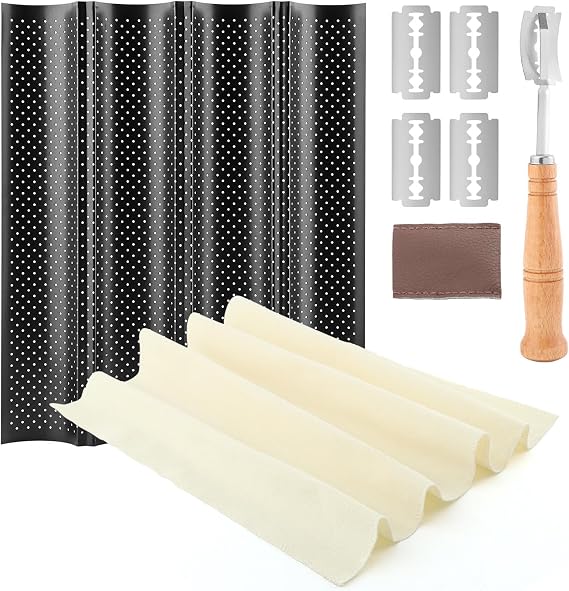 Baguet-te Bread Pan, Baguet-te Baking Kit - Food-Grade Carbon Steel Pan, Cotton Canvas Mat, Stainless Steel Scraper & 6CR13 Blades - Ideal Gift for Every Occasion(COLOR:black white)