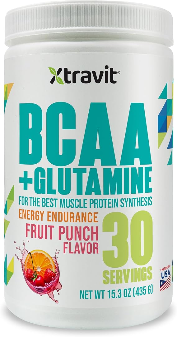 BCAA+ Glutamine Powder Supplement - Natural Fruit Punch Flavored Workout Drink for Men & Women - Branched Chain Amino Acids for Energy & Muscle Recovery - No Sugar, 38.8 oz., 30 Servings