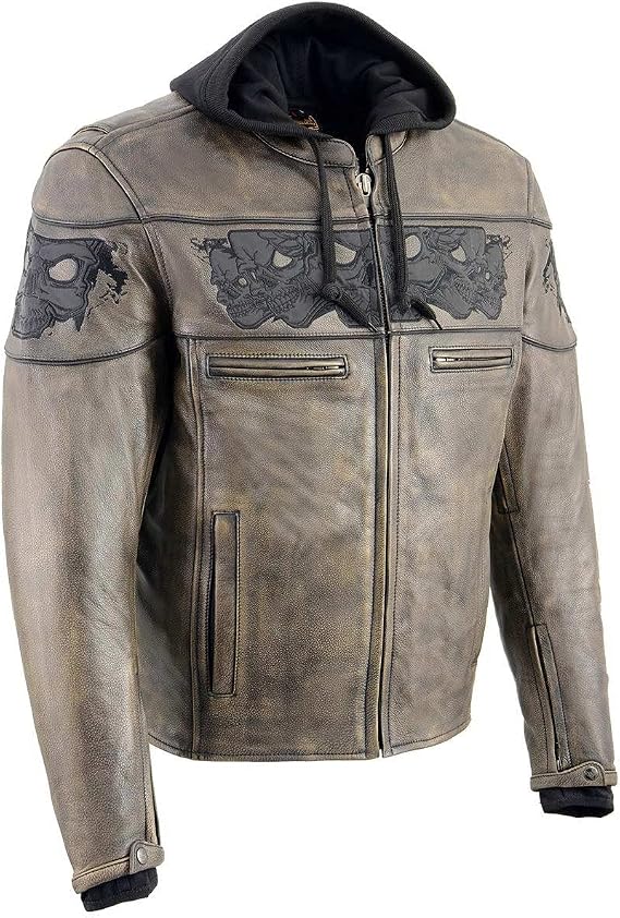 Milwaukee Leather MLM1561 Men's Distressed Brown Leather Jacket with Reflective Skulls