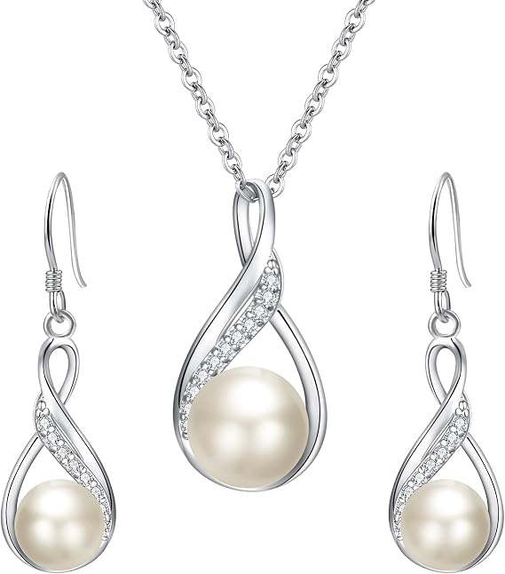 Women's 925 Sterling Silver Wedding Bridal CZ Freshwater Cultured Pearl/Simulated Opal Infinity Pendant Necklace Earrings Set Valentines/Mothers Day/Birthday/Christmas Jewellery Gift for Her