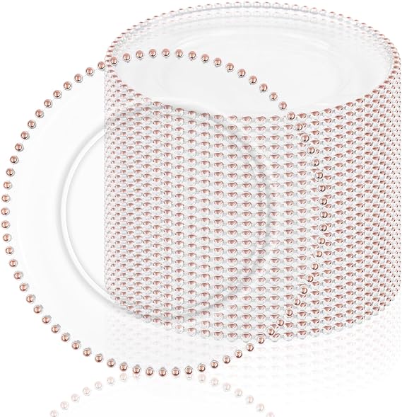 fani 24 Pack Clear Charger Plates Bulk 13 Inch with Rose Gold Beaded Rim