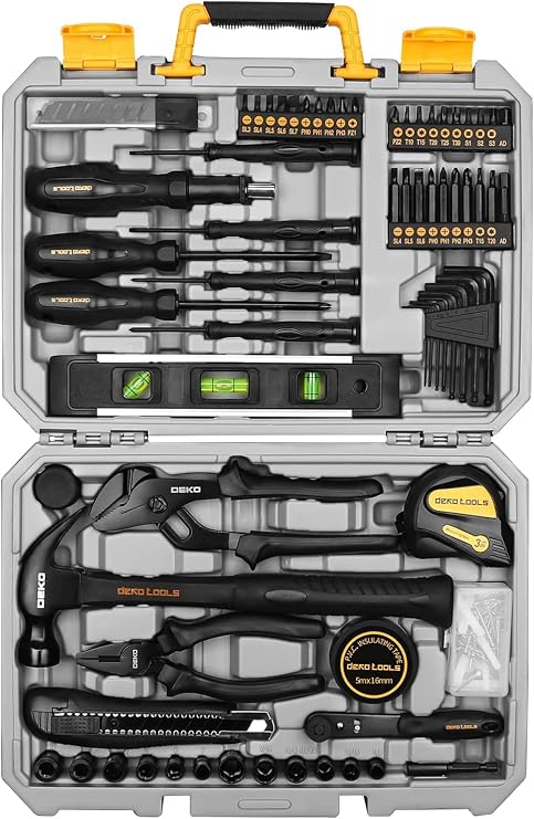 Household tool set :tool kit with storage case, tool box for home repair, 150 Piece toolbox for hand DIY