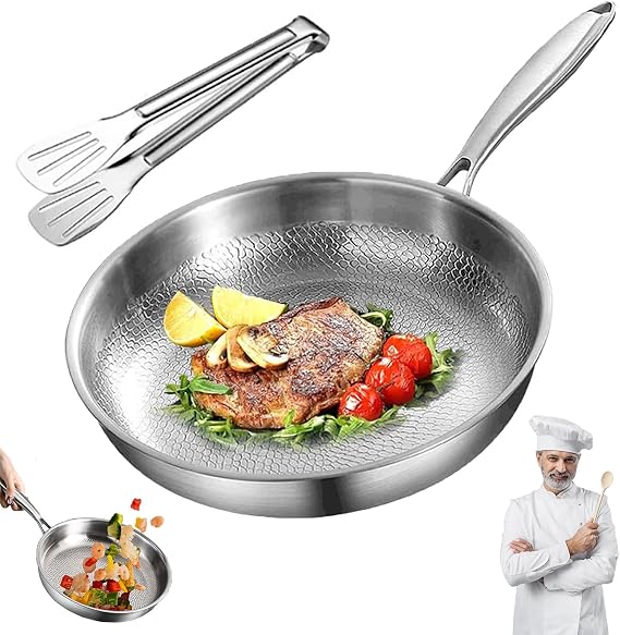 Titanium Pan, Titanium Frying Pan with Lid and Food Tongs, Scratch-Resistant and Non-Stick, Suitable for Kitchens and Camping, Suitable for All Types of Stoves (Without Lid, 28cm)