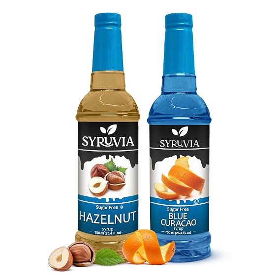 Syruvia Sugar-Free Hazelnut & Sugar-Free Blue Curacao Syrup - 25.4 fl oz. Premium Coffee Flavoring Syrup. 0 Calories, Kosher, and Gluten-Free. Perfect for Drinks, Sodas, Shakes, Desserts, and More.