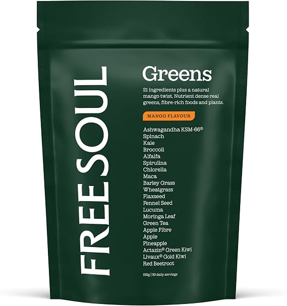 Free Soul Greens | 21 Advanced Greens, Superfoods, and Adaptogens Including KSM-66 Ashwagandha, Vegan & Gluten-Free, Advanced Natural Formula | UK Made | 30 Servings | Mango Flavour