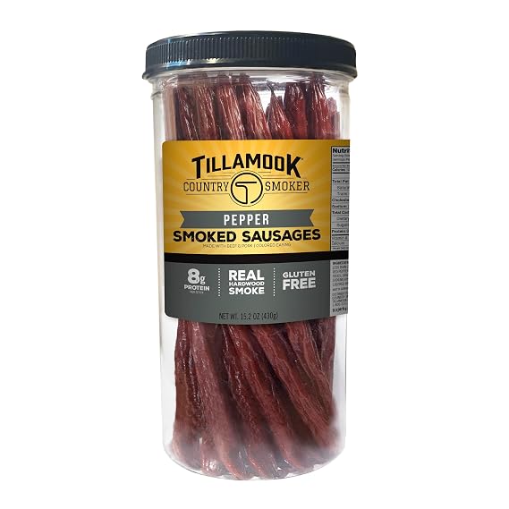 Tillamook Country Smoker Real Hardwood Smoked Sausages, Pepper, 15.2 Ounce Tall Jar, 20 Count