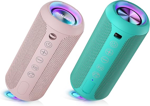 Ortizan X10 Portable Bluetooth Speaker Bundle (2-Pack) - IPX7 Waterproof, 24W Powerful Stereo Sound, 30H Playtime, Bluetooth 5.3 for Outdoor & Indoor Use (Pink & Teal)