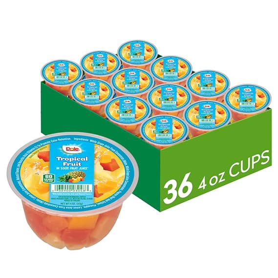 Dole Fruit Bowls Tropical Fruit, 4oz, 36 Total Cups | In 100% Juice Snacks, Gluten & Dairy Free, Bulk Lunch Snacks for Kids & Adults