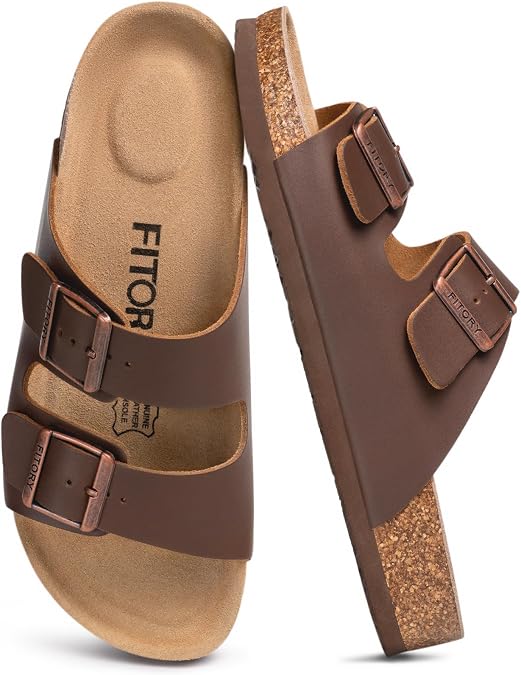 FITORY Mens Leather Sandals, Cork Footbed Slides for Summer | Double Buckle Adjustable Straps Slip On Open Toe Flat Shoes with Comfy Arch Support for Beach, Holiday, Outdoor