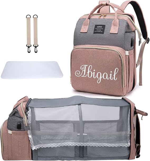 Personalized Diaper Bag Backpack with Changing Station, Large Diaper Bag With USB Charging Port Sunshade and Toy Bar Stroller Straps & Bottle Insulated Pockets, Baby Registry Search, Baby Shower Gifts