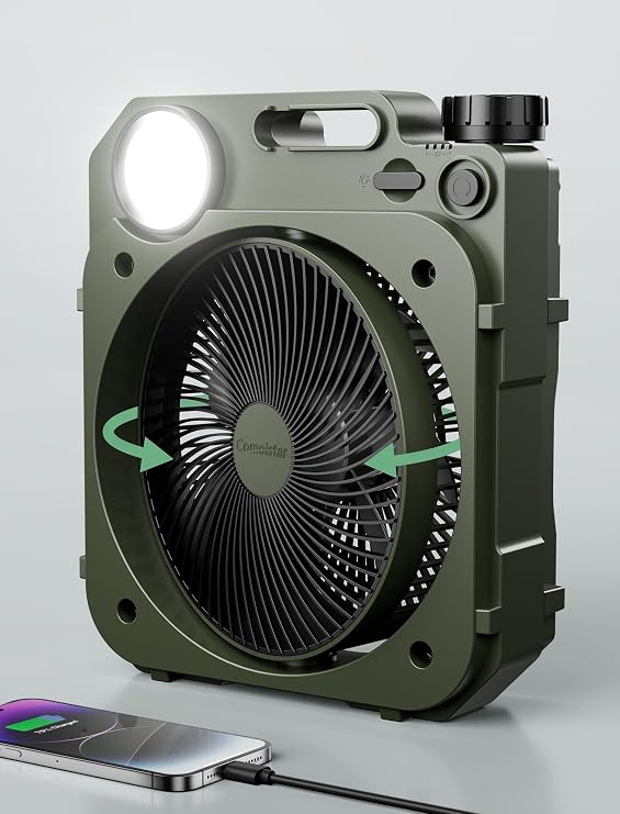 8.5Auto Oscillating 10000 mAh Camping Fan, Portable Small Table Fan with LED, SOS Light, Quiet Desk Fan with Handle, Runs Up to 38H, Rechargeable Personal Fan for Tent,Trip, Hurricane