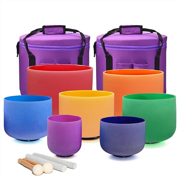 432HZ Crystal Singing Bowl Set, 6''-12'', Set of 7, Colored | Frosted Chakra Quartz, Sound Healing, Includes 2 Case Bags, Includes Rubber Mallets