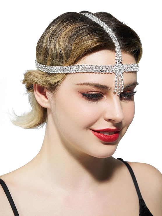 SWEETV 1920s Headpiece Flapper Headband for Women, Art Deco Roaring 20s Great Gatsby Rhinestone Hair Band Headpiece Accessoreis,Silver