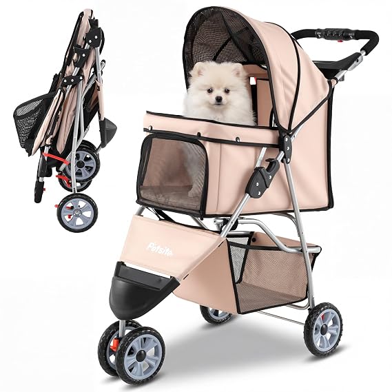 PETSITE 3-Wheel Pet Stroller, Foldable Dog Strollers for Small Dogs with Breathable Mesh, Waterproof Cover, All-Terrain Wheels, Cup Holder, and Storage Basket, Ideal for Dogs Cats up to 33 lbs (Beige)