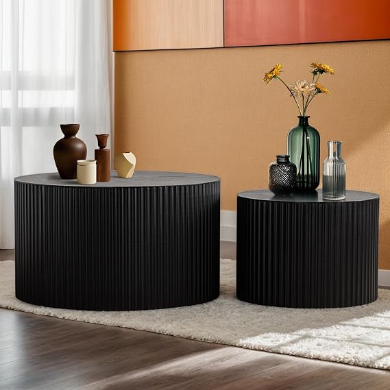 Round Nesting Coffee Table Set of 2 Fluted Coffee Table and Side Table Set Contemporary Living Room End Table Bedroom Balcony Drum Side Table Circular Stackable Coffee Table,Black,Small