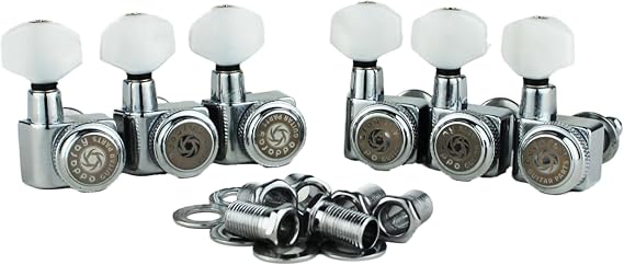 6 In-line Guitar Locking Tuners, 1:18 Gear Ratio Lock String Tuning Key Pegs Machine Heads Replacement, Chrome, Pearl Button