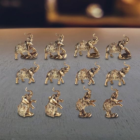 12-PC Mini Thai Elephant in Gold Figurine Set Statue Home/Room Decor Ideas for House Warming, Holidays and Birthdays Great Collectible Addition