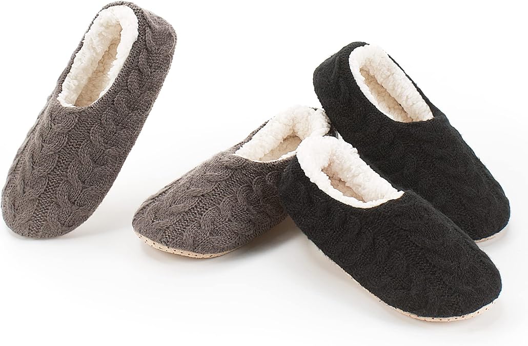cosyone1997 2-Pair Cozy Slippers for Women Indoor Soft Sole with Warm Fuzzy Lining and Non-Slip Grips, House Slipper Socks