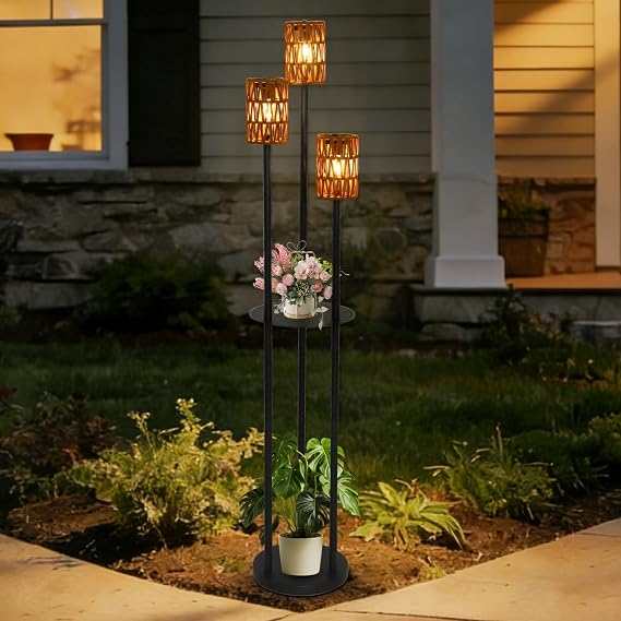 Outdoor Floor Lamp Solar Powered Waterproof, Outdoor Lamps for Patio with Plastic Rattan Shade, Cordless Solar Lights with Shelves Plant Stand, Boho Outdoor Lamps for Deck Porch Yard Garden Decor