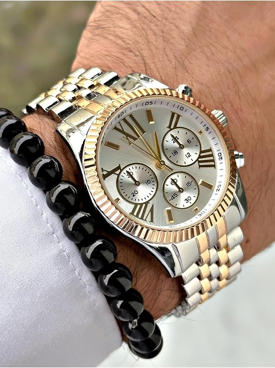 Özel Serisi Lüks Metal Kordon Roma Rakamlı Erkek Kol Saati, Beyaz Sarı, 44 mm