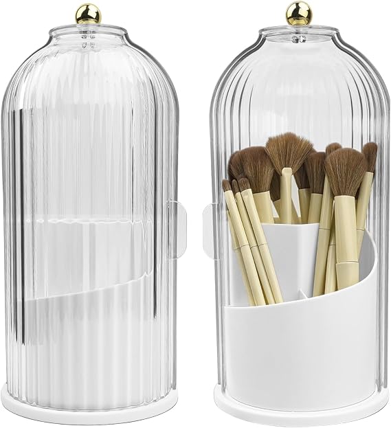360° Rotating Make Up Brush Holder Storage with Clear Dustproof Lid, Sliding Opening Cosmetic Make-Up Organiser, Makeup Brushes Holder Organizers,Make-Up Brush Container Case for Dressing Table,Vanity