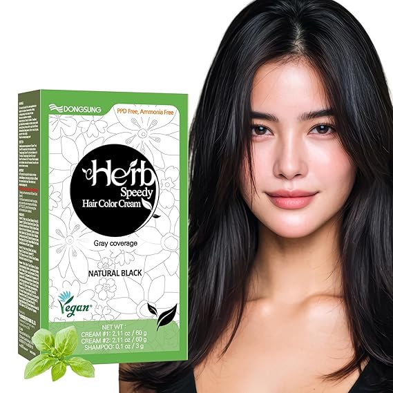Dongsung Herb Speedy Color Cream Natural Black Korean Herbal Vegan Hair Dye, PPD-Free, Ammonia-Free, Hypoallergenic 100% Gray Coverage Odorless Dermatologically Tested Quick 20-Minute Application