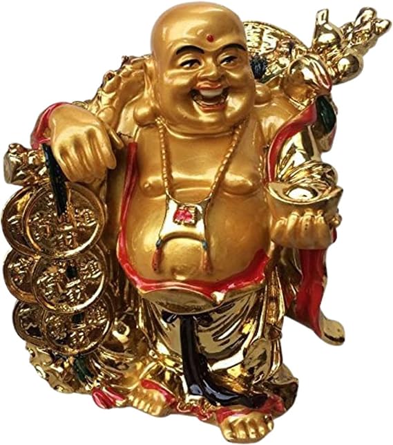 GJ Laughing Buddha Statue for Home Decor & Office Desk | Golden Feng Shui Buddha Idol for Money, Good Luck & Happiness | Decorative Showpiece for Living Room House Warming Gift | 5 x 3.5 Inches