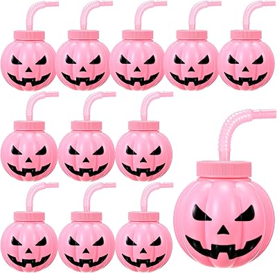 Sawysine 12 Pack Pumpkin Shaped Cups 10 oz Reusable Halloween Plastic Cups with Straw and Lids Party Supplies for Birthday Halloween Themed Party Pumpkin Decoration Gifts Pink