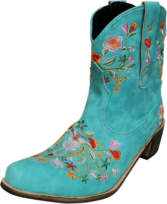 gloryinterest Cowboy Boots for Women Ankle Cowgirl Boots Western Flower Embroidered Square Toe Chunky Heel Stitched Retro Black Brown Red Blue Yellow Purple US5.5-10.5