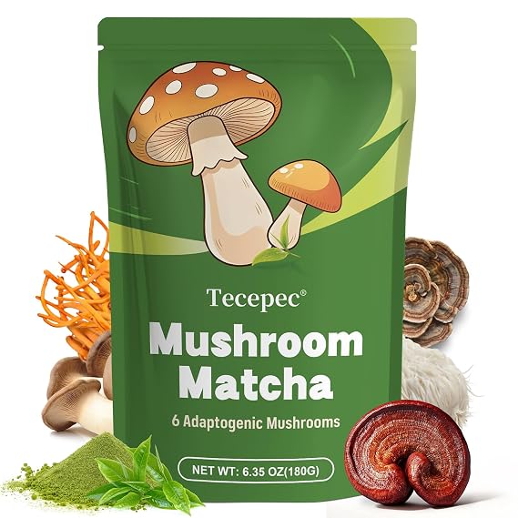 Mushroom Matcha Powder with 6 Adaptogen Mushrooms & Ceremonial-Grade Matcha Powder - Boosts Energy, Focus, Digestion, Immunity (30 Servings)