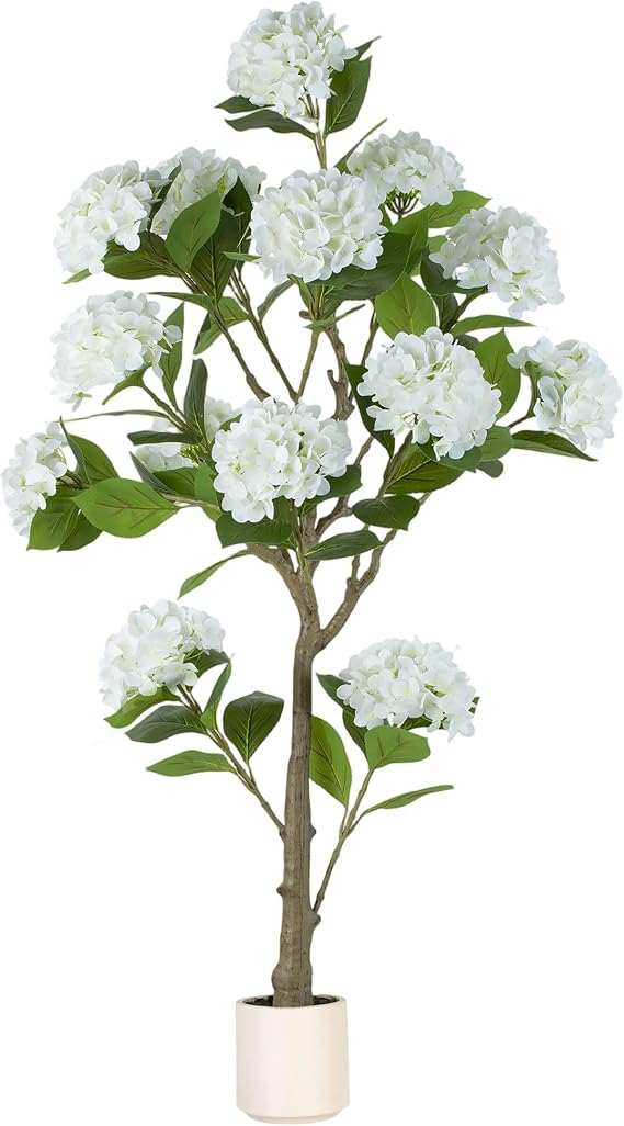 BLOSMON 5ft White Hydrangea Artificial Trees for Front Porch Planters