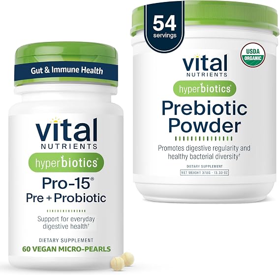 Hyperbiotics Vital Nutrients Gut Support Bundle Pro-15 Prebiotics + Probiotics (60 Time Release Pearls) & Organic Prebiotic Fiber Powder (54 Servings) for Gut, Digestive, Immune Health Support