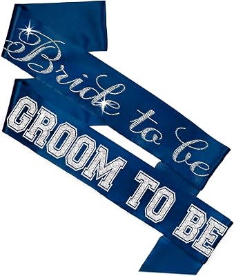 Bride Groom Gifts - Set of 2: Real Crystal Rhinestone Flirty Bride to Be Navy Blue Bridal Grade Satin Sash & Silver Groom to Be Navy Sash