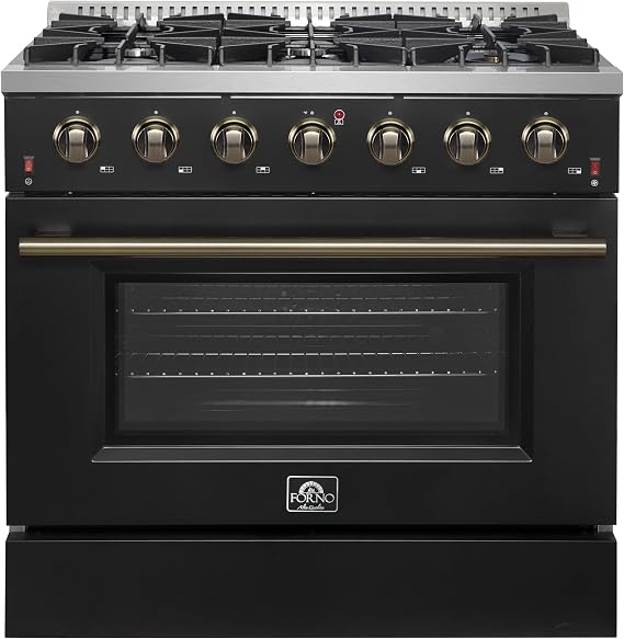 FORNO Galiano Full Gas 36" Freestanding Range with 6 Sealed Burners Cooktop and Antique Brass Design - 5.36 cu. ft. Convection Oven Capacity & Heavy Duty Cast Iron Grates - Black