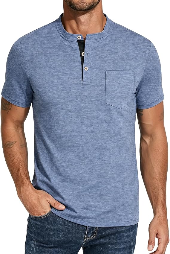 Men's Henley Shirts Short Sleeve Button T-Shirts Casual Summer Classic Pocket Tee Top