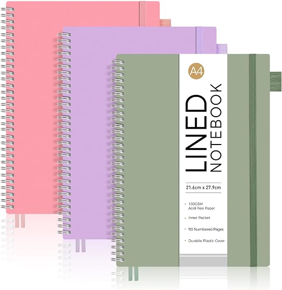 A4 Spiral Notebook, 110 Lined Pages, Flexible Plastic Cover, 3 Pack