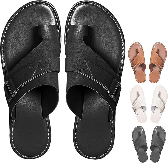 Yytcsjz Women Orthopedic Flip Flops Dressy Sandals with Open Toe Ring Loop Strap, Slip On Slide Slippers, Flat Leather Sandals for Women