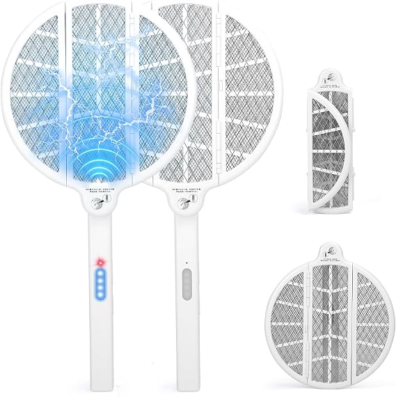 Electric Fly Swatter, Foldable Handheld Bug Zapper Racket, Dual Mode Rechargeable Mosquito Killer with Attractant Light for Indoor Home Office Camping Travel