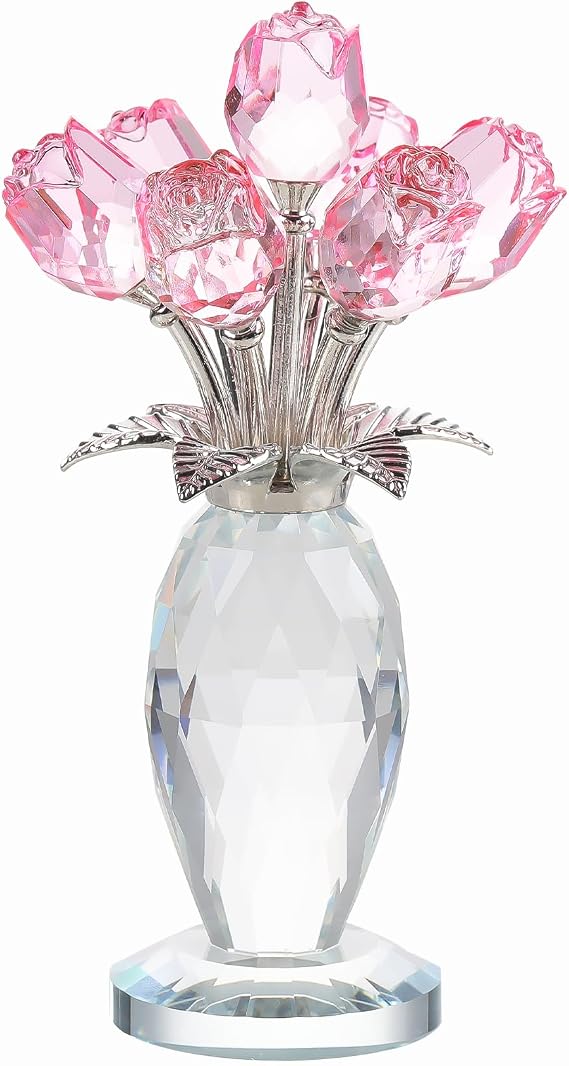 YWHL Crystal Pink Rose Flower Bouquet Figurine with Vase, Handmade Glass Rose Flower Gifts for Women on Mother's Day Birthday Anniversary, Crystal Roses Flowers with Stem Home Table Decor