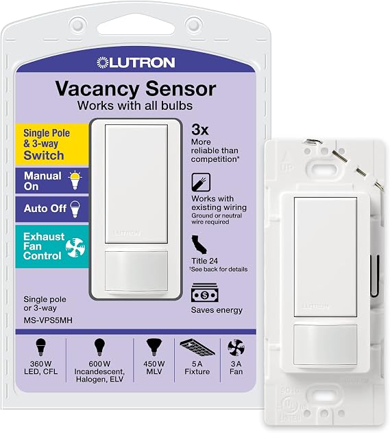 Lutron Maestro Vacancy Motion Sensor Light Switch for Bathroom, Garage, Laundry Room, and Closet, for Any Light Bulbs, Vacancy Sensor Only, Single-Pole Only, No Neutral Required, MS-VPS5MH-WH, White