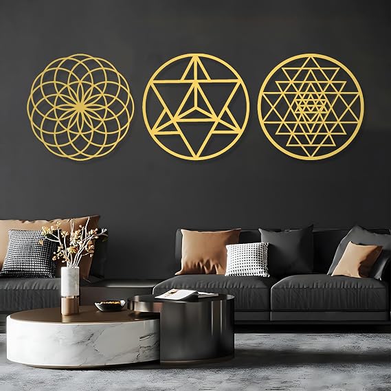 Sacred Geometry Set of 3 Metal Wall Art, Sri Yantra, Merkaba, Torus, Mandala Metal Wall Decor, Metal Geometric Decor, Spiritual Decor, Home Meditation Living Room Decor, Housewarming Gift (45"x14" | 115x35cm, Gold)