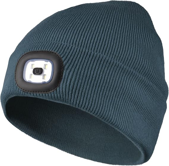 LED Lighted Beanie, Unisex Warm Knitted Hat, Rechargeable Headlamp Cap for Outdoors, Tech Gift for Men Dad Father Him Deep Teal